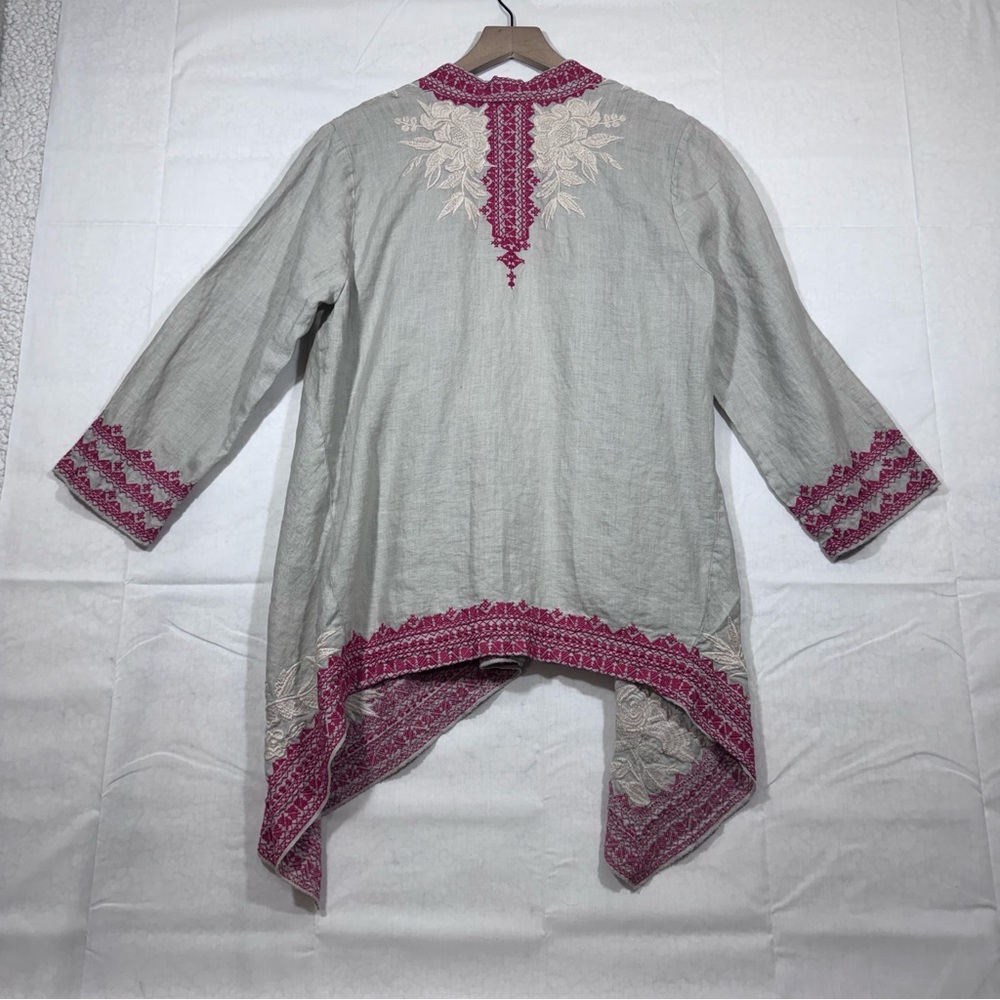 Johnny Was Camille Draped Cardigan Embroidered Natural Linen Gray Pink Size M - Picture 3 of 6